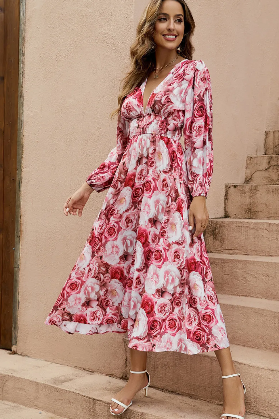 Pregueado estampa floral smockado decote em v sem mangas vestido linha-a tecido de seda midi vestido