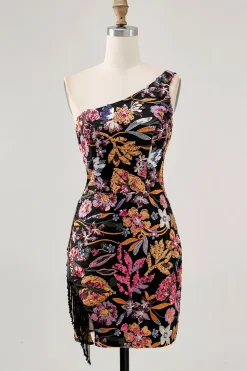 Preo Flores BodyconUm OmbroOne shoulder Mini Vestido Cocktail