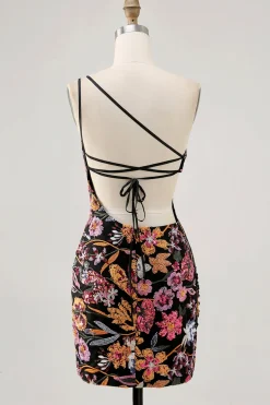 Preo Flores BodyconUm OmbroOne shoulder Mini Vestido Cocktail