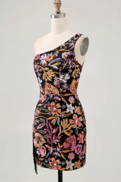 Preo Flores BodyconUm OmbroOne shoulder Mini Vestido Cocktail