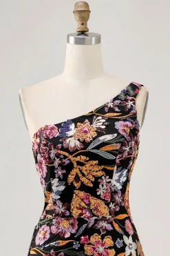 Preo Flores BodyconUm OmbroOne shoulder Mini Vestido Cocktail