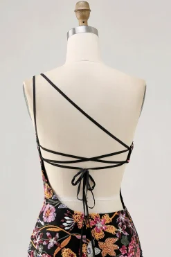 Preo Flores BodyconUm OmbroOne shoulder Mini Vestido Cocktail