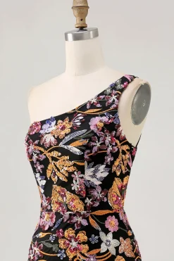 Preo Flores BodyconUm OmbroOne shoulder Mini Vestido Cocktail