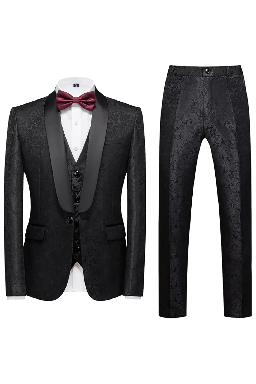 Preto 3 Peça Jacquard Xaile Lapela Homens Prom Suits