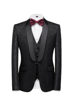 Preto 3 Peça Jacquard Xaile Lapela Homens Prom Suits