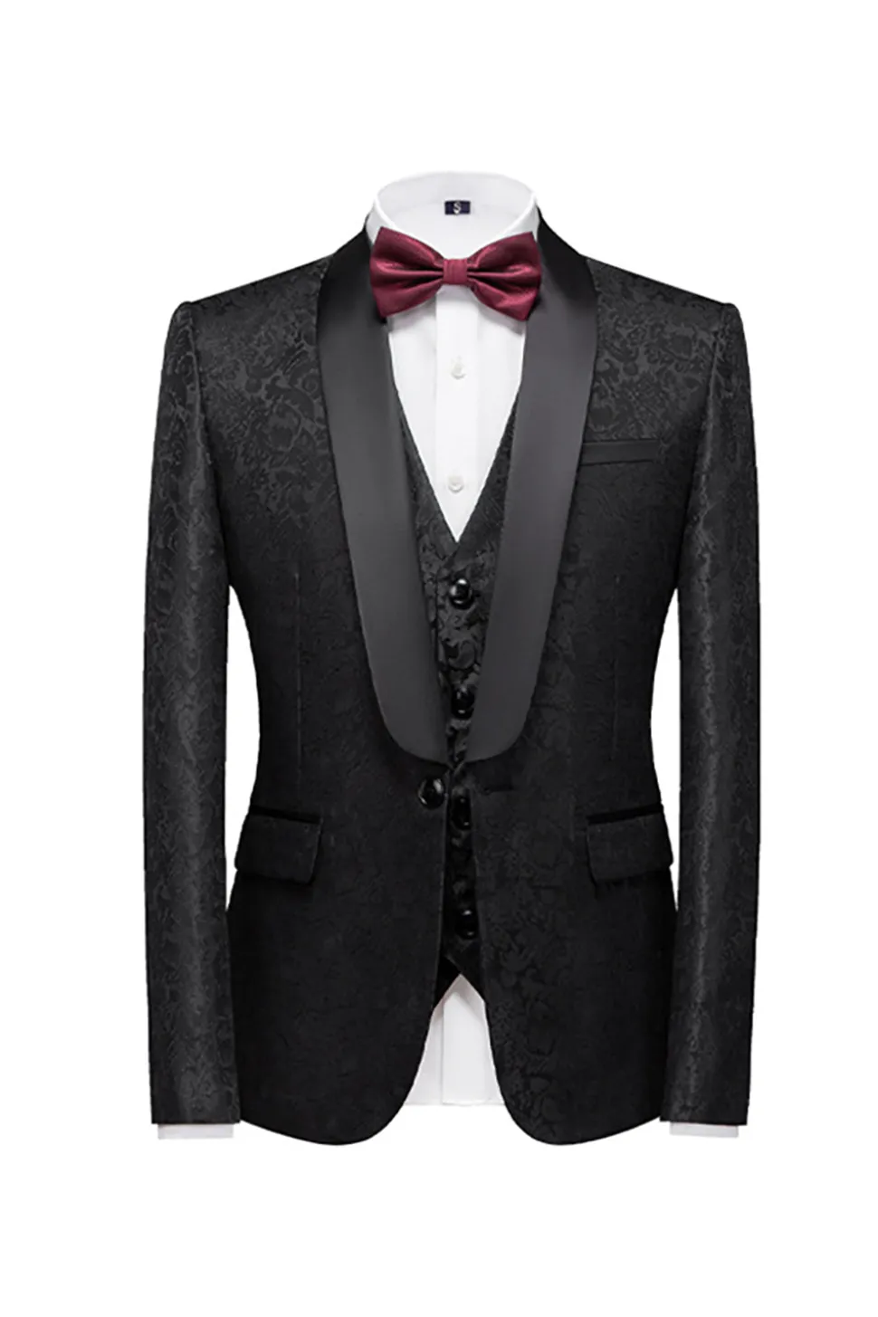 Preto 3 Peça Jacquard Xaile Lapela Homens Prom Suits