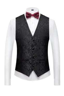 Preto 3 Peça Jacquard Xaile Lapela Homens Prom Suits