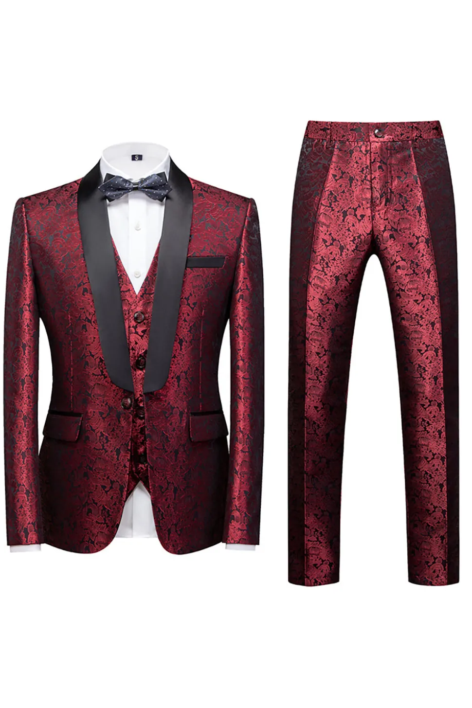 Preto 3 Peça Jacquard Xaile Lapela Homens Prom Suits