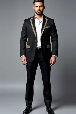 Preto 2 Peças Notched Lapel Fato Homem