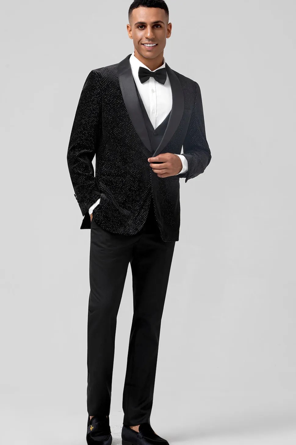 Preto 3 peças xaile lapela um botão ternos de casamento masculino
