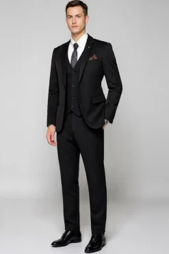 Preto 3 Piece Lapela Notched Single Breasted Fato Homem