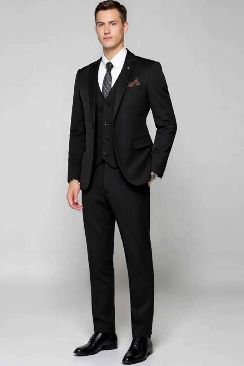 Preto 3 Piece Lapela Notched Single Breasted Fato Homem