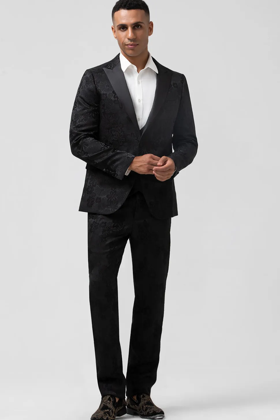 Preto 3 Piece Pico Lapela Jacquard Um Botão Homens Prom Suits
