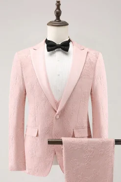 Preto 3 Piece Pico Lapela Jacquard Um Botão Homens Prom Suits