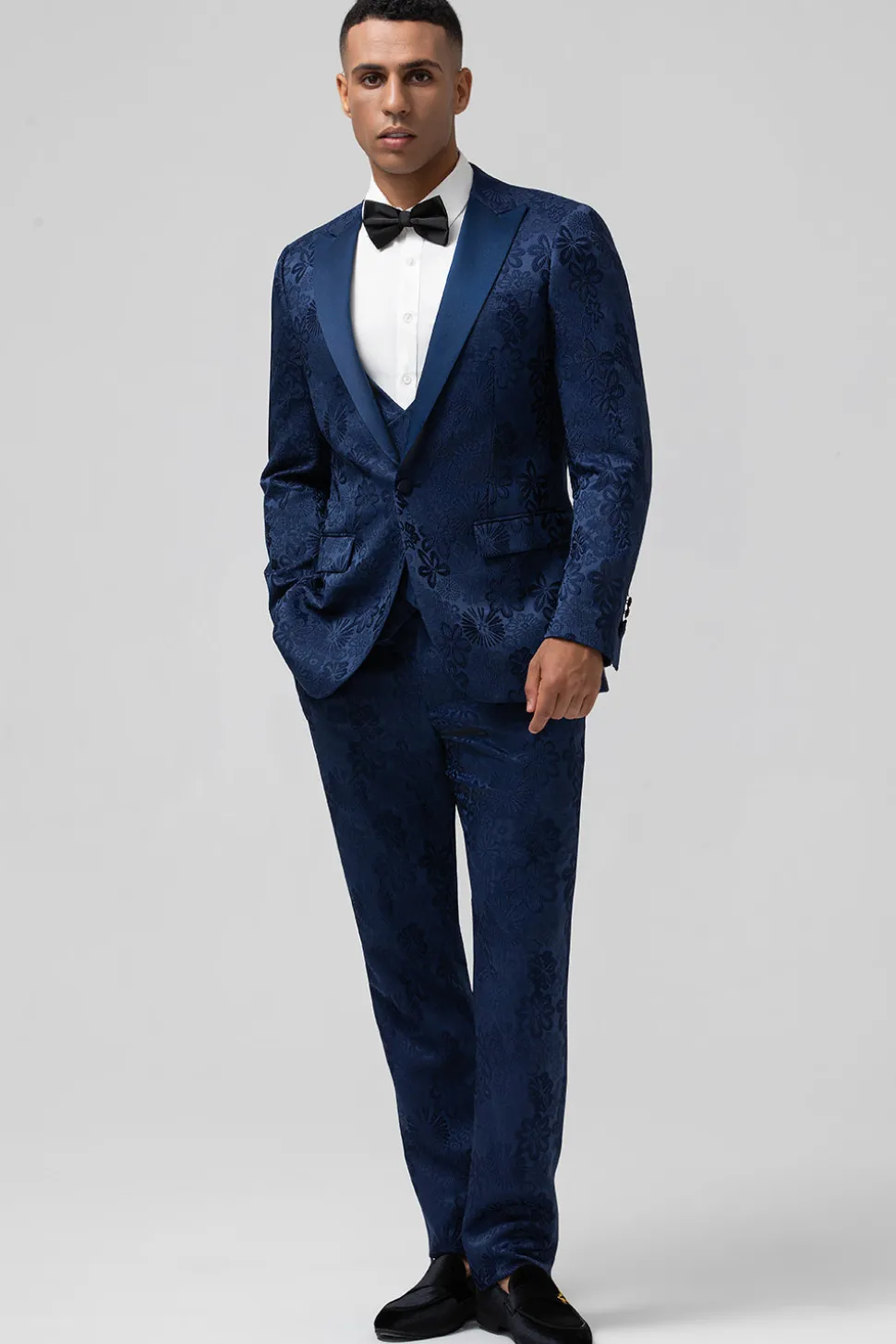 Preto 3 Piece Pico Lapela Jacquard Um Botão Homens Prom Suits