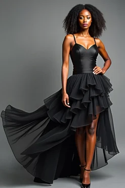 Preto A Line Long Spaghetti Correias Vestido Formal com Folhos