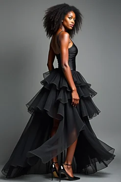 Preto A Line Long Spaghetti Correias Vestido Formal com Folhos