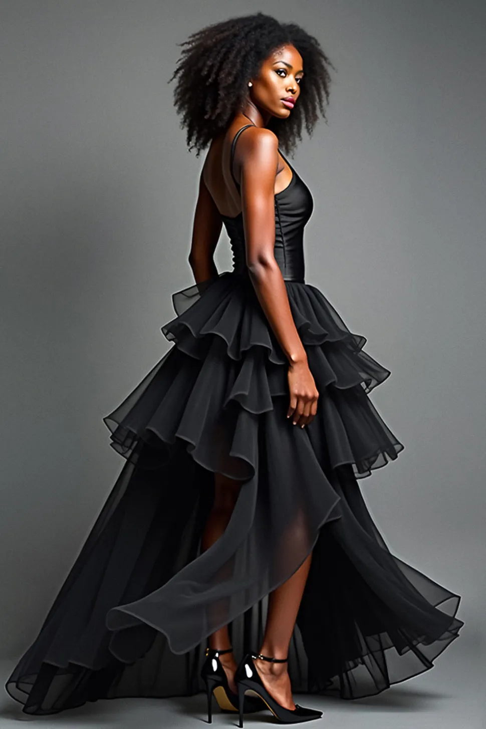 Preto A Line Long Spaghetti Correias Vestido Formal com Folhos