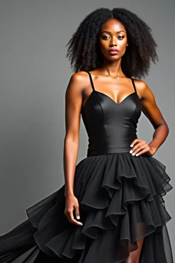 Preto A Line Long Spaghetti Correias Vestido Formal com Folhos