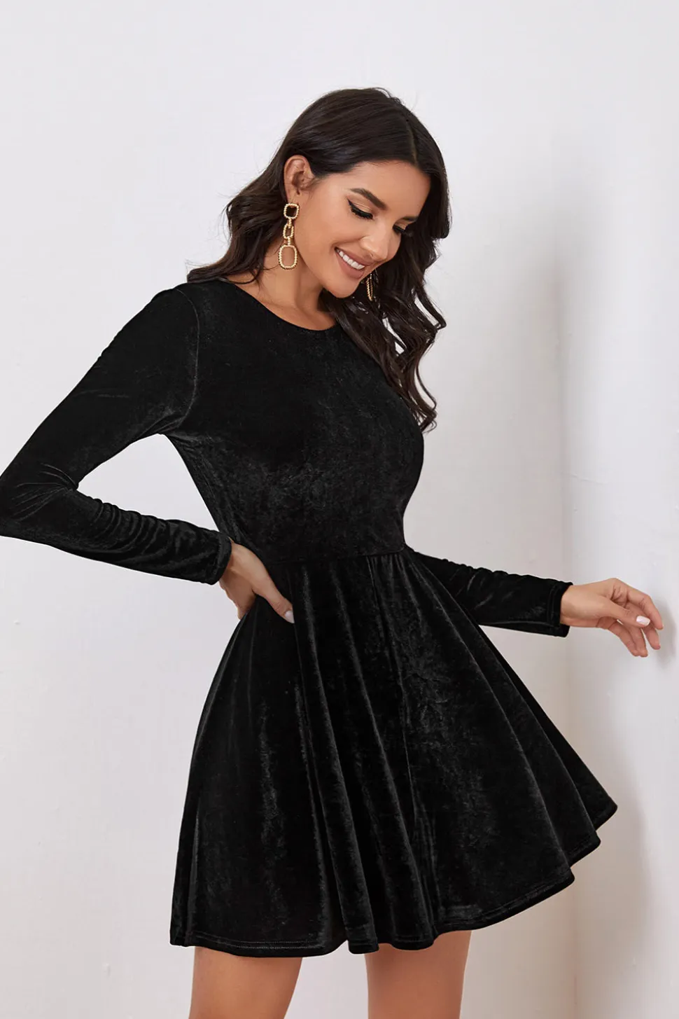 Preto A Line Mangas Longas Cocktail Party Dress