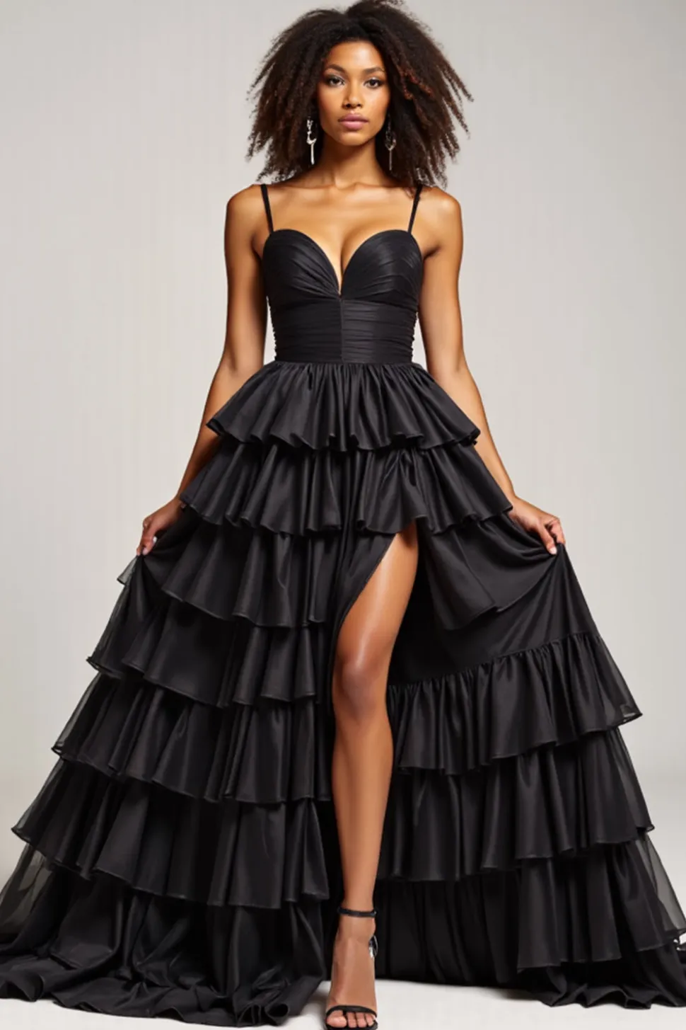 Preto A Line Spaghetti Correias Plissado Cetim Prom Dress