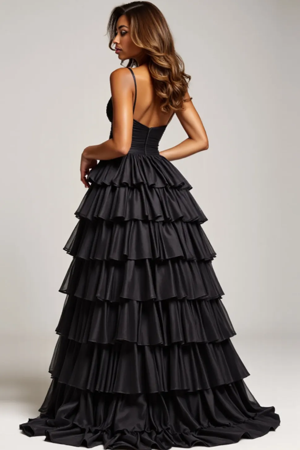 Preto A Line Spaghetti Correias Plissado Cetim Prom Dress
