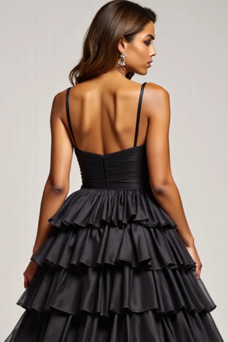 Preto A Line Spaghetti Correias Plissado Cetim Prom Dress