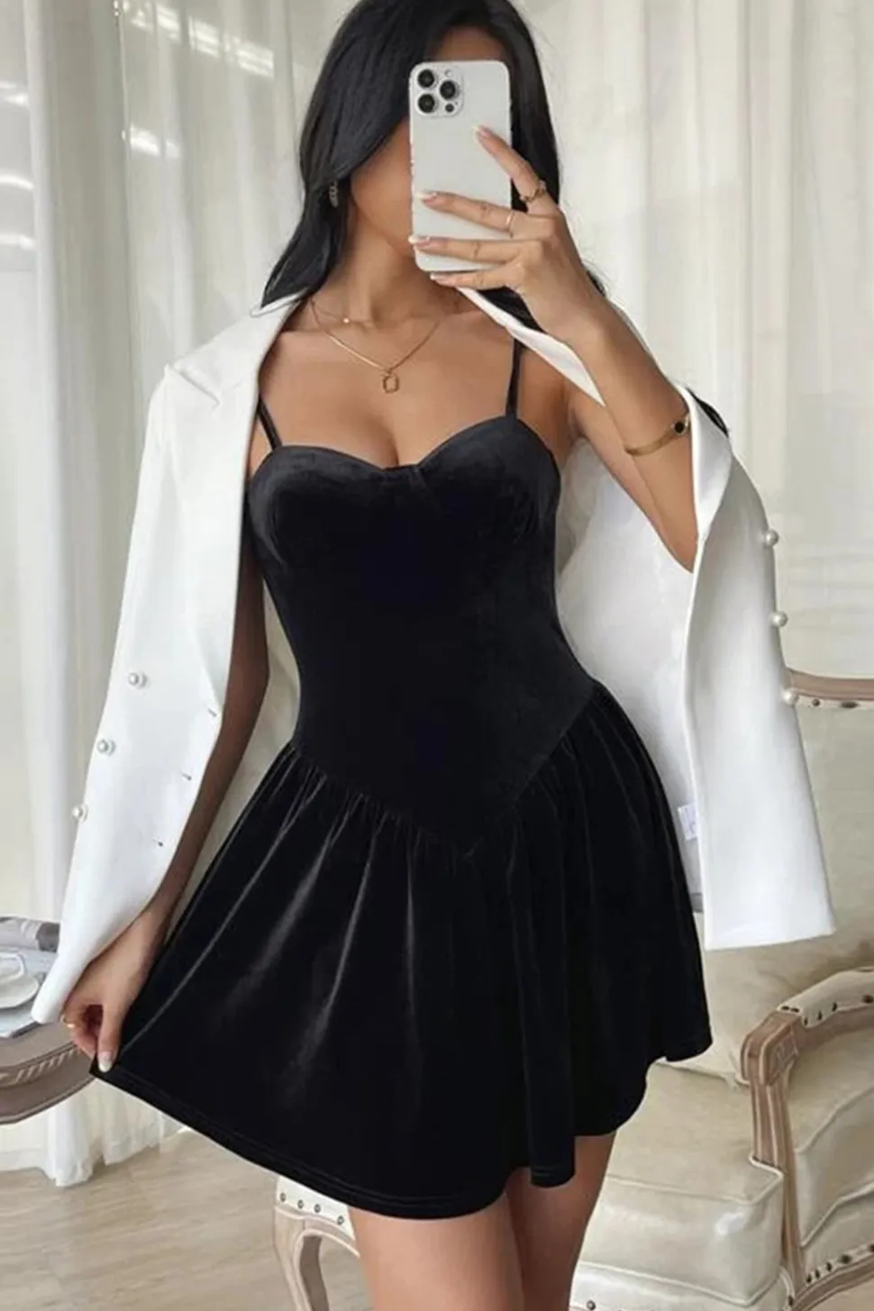Preto A Line Spaghetti Correias Vestido Cocktail Curto