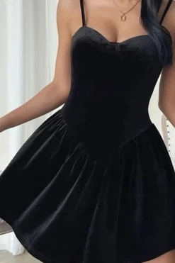 Preto A Line Spaghetti Correias Vestido Cocktail Curto