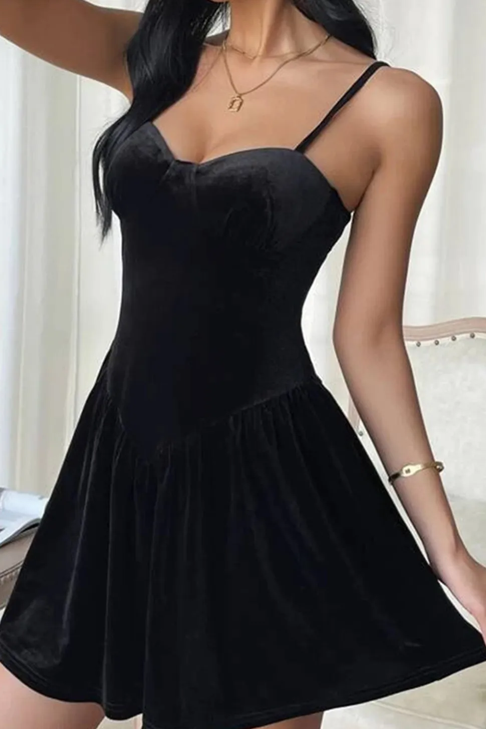 Preto A Line Spaghetti Correias Vestido Cocktail Curto