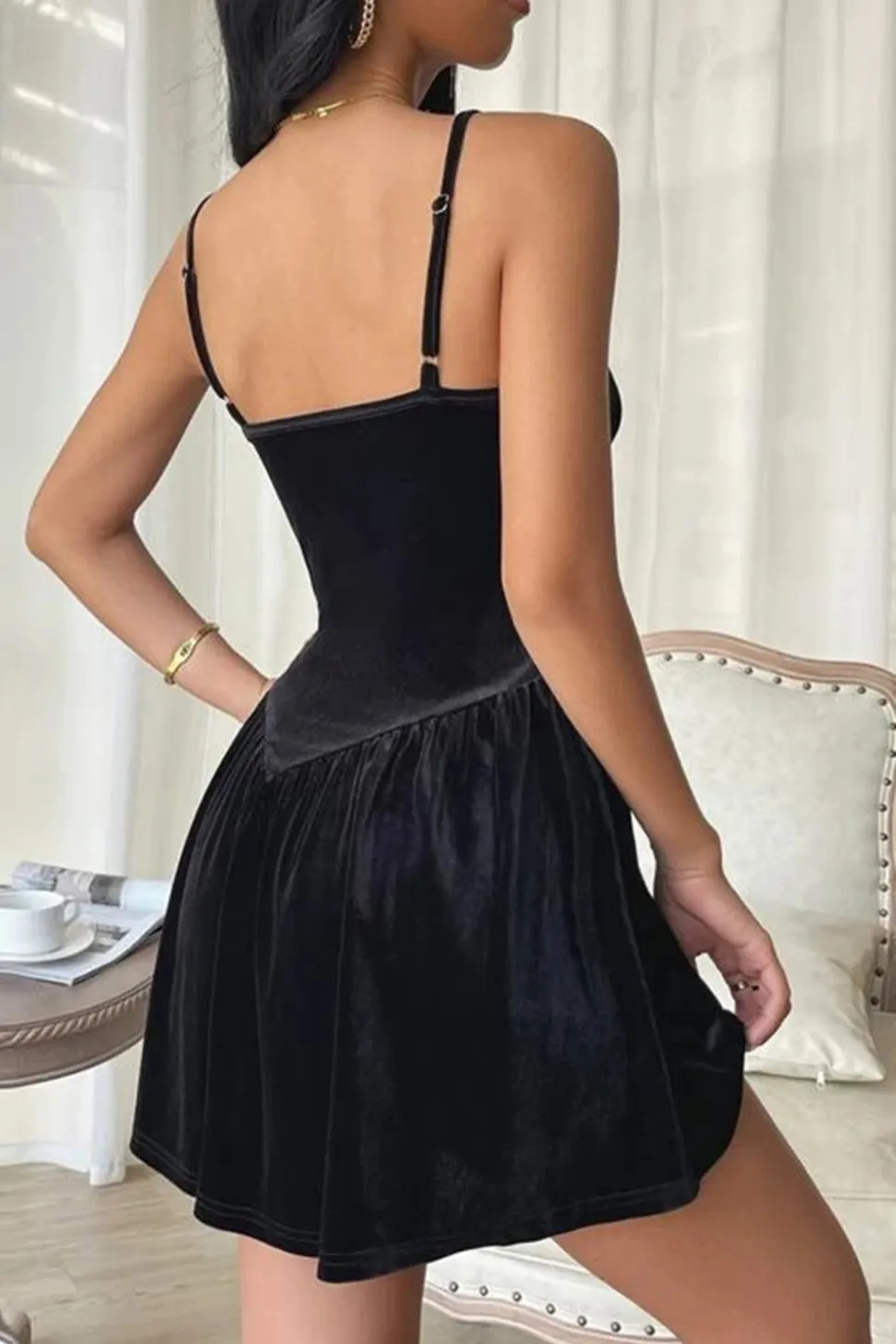 Preto A Line Spaghetti Correias Vestido Cocktail Curto