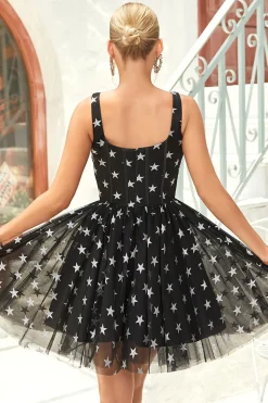 Preto A Line Tule Vestido de Cocktail com Estrelas