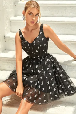 Preto A Line Tule Vestido de Cocktail com Estrelas