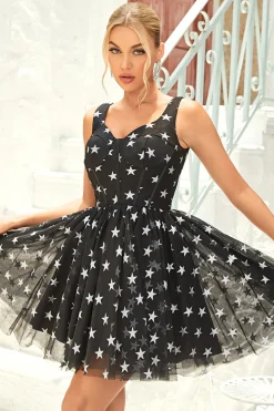 Preto A Line Tule Vestido de Cocktail com Estrelas