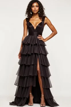 Preto A Line V-Neck Ruffles Cetim Organza Prom Dress