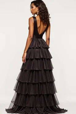 Preto A Line V-Neck Ruffles Cetim Organza Prom Dress