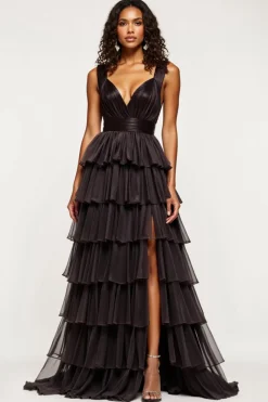 Preto A Line V-Neck Ruffles Cetim Organza Prom Dress