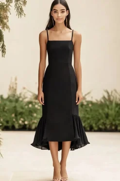 Preto Alças Finas Chiffon Bainha Midi Vestidos Cerimónia