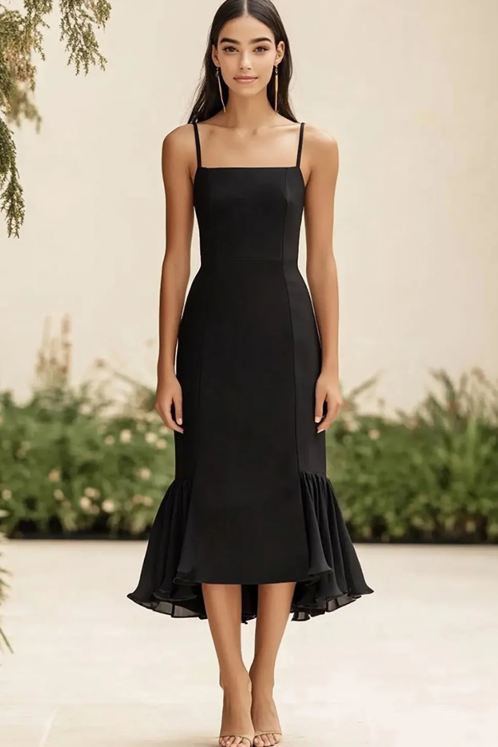 Preto Alças Finas Chiffon Bainha Midi Vestidos Cerimónia