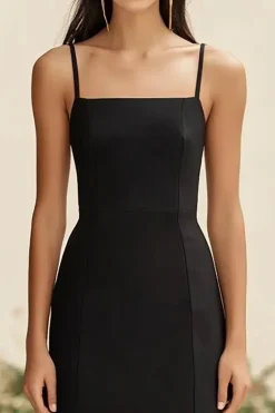 Preto Alças Finas Chiffon Bainha Midi Vestidos Cerimónia