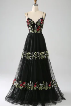 Preto A-Line Alças Esparguete Bordado Longo Corset Prom Dress