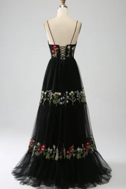 Preto A-Line Alças Esparguete Bordado Longo Corset Prom Dress