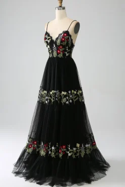 Preto A-Line Alças Esparguete Bordado Longo Corset Prom Dress