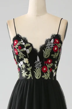 Preto A-Line Alças Esparguete Bordado Longo Corset Prom Dress