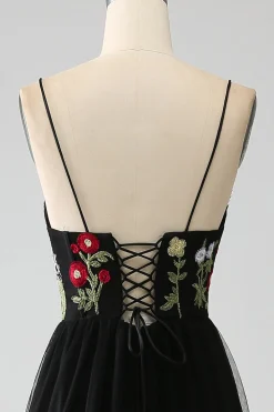 Preto A-Line Alças Esparguete Bordado Longo Corset Prom Dress