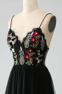Preto A-Line Alças Esparguete Bordado Longo Corset Prom Dress