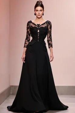 Preto A-Line Appliqued Vestido de Noite Longo com Renda