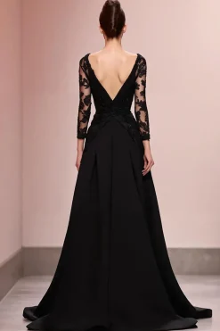 Preto A-Line Appliqued Vestido de Noite Longo com Renda