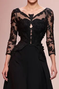 Preto A-Line Appliqued Vestido de Noite Longo com Renda
