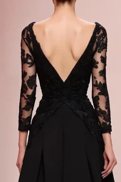Preto A-Line Appliqued Vestido de Noite Longo com Renda